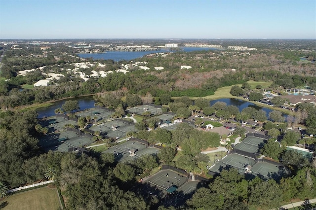 drone / aerial view with a water view