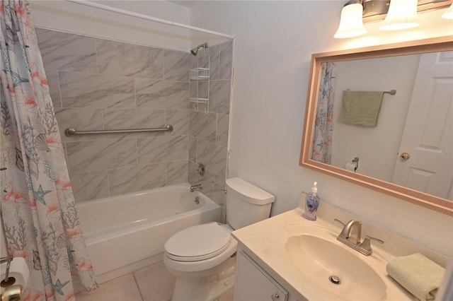 full bathroom featuring toilet, vanity, tile patterned floors, and shower / tub combo with curtain