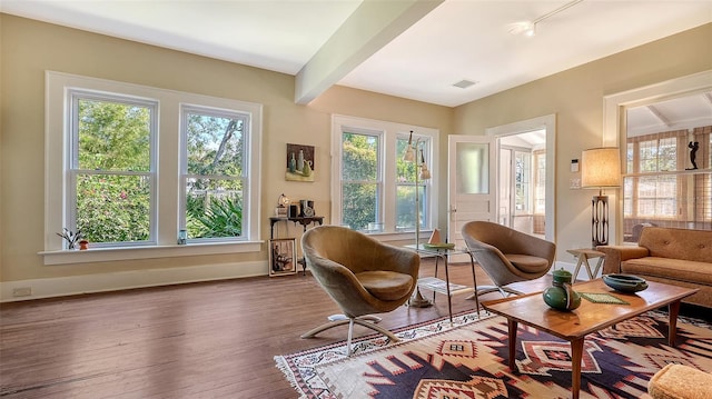 living area featuring beam ceiling and dark wood-type flooring