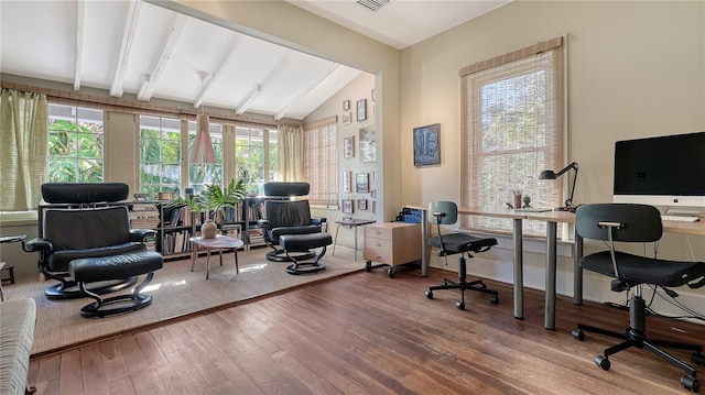 office area featuring vaulted ceiling with beams and wood-type flooring