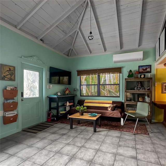 sitting room with lofted ceiling with beams, a wall mounted AC, and wood ceiling