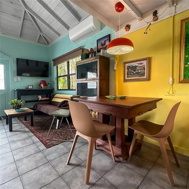 dining area with tile patterned floors, lofted ceiling with beams, wooden ceiling, and a wall unit AC