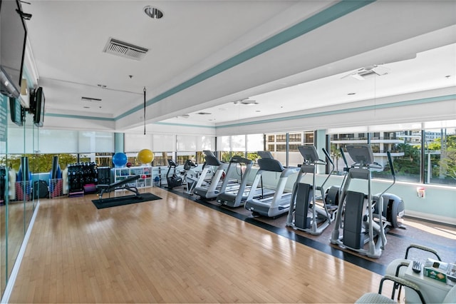 gym featuring hardwood / wood-style floors