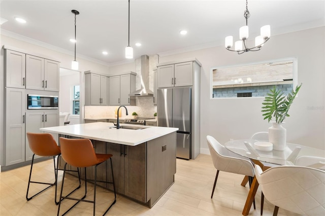 kitchen with decorative backsplash, wall chimney exhaust hood, gray cabinets, stainless steel appliances, and a sink