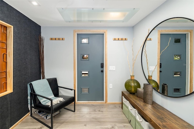 entrance foyer featuring light hardwood / wood-style floors and a raised ceiling