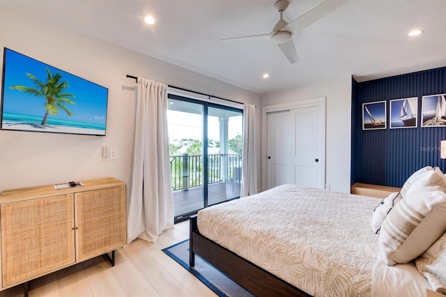 bedroom with ceiling fan, access to exterior, and a closet