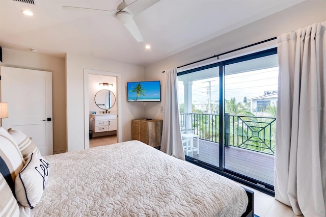 tiled bedroom with connected bathroom, access to outside, and ceiling fan