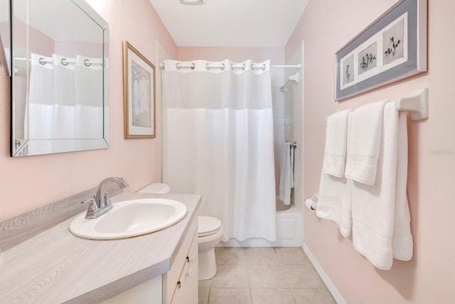 full bathroom with tile patterned floors, vanity, toilet, and shower / tub combo with curtain