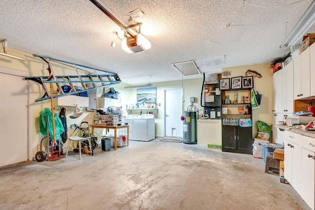 garage featuring washer and dryer, a garage door opener, and water heater