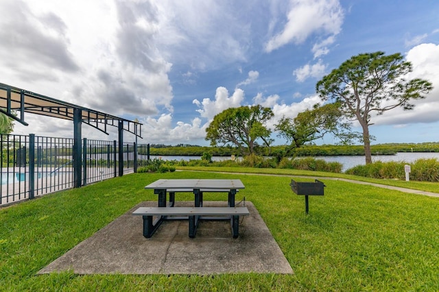 view of home's community featuring a yard, a water view, and a pool