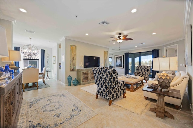 living room with tile patterned flooring, ceiling fan with notable chandelier, and crown molding