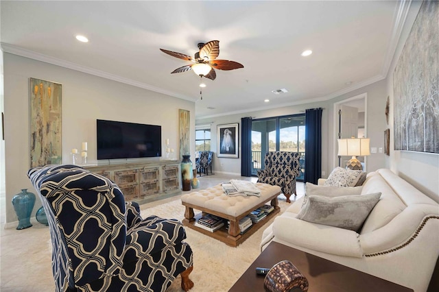 tiled living room featuring ceiling fan and ornamental molding