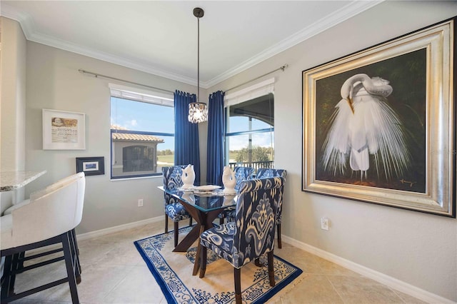 tiled dining room with crown molding