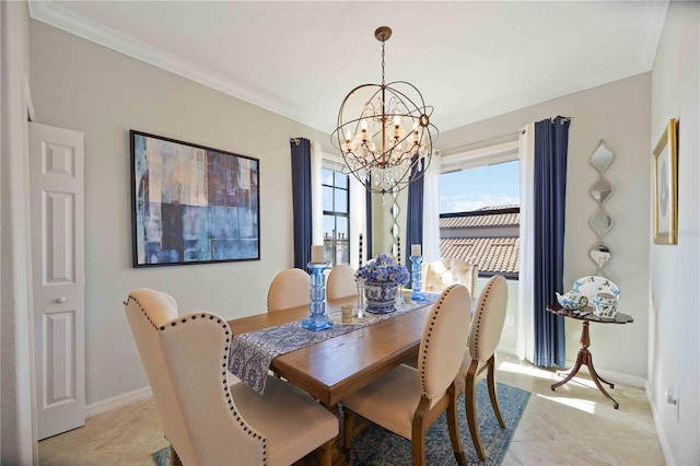 dining area featuring crown molding, light tile patterned flooring, and an inviting chandelier