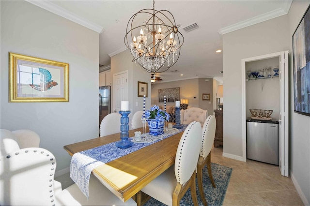 tiled dining room featuring ornamental molding and a notable chandelier