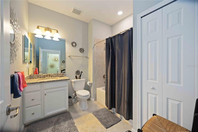 full bathroom with tile patterned flooring, vanity, shower / bath combination with curtain, and toilet