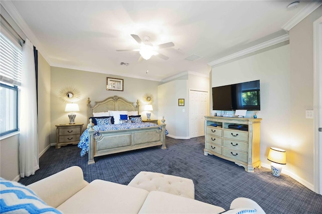 bedroom with ceiling fan, a closet, ornamental molding, and dark colored carpet