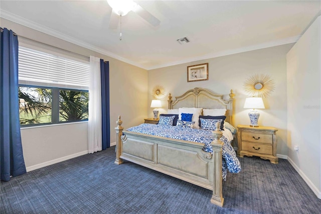 bedroom with ceiling fan, crown molding, and dark carpet