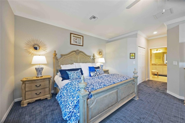 bedroom featuring dark colored carpet, ceiling fan, ornamental molding, and connected bathroom