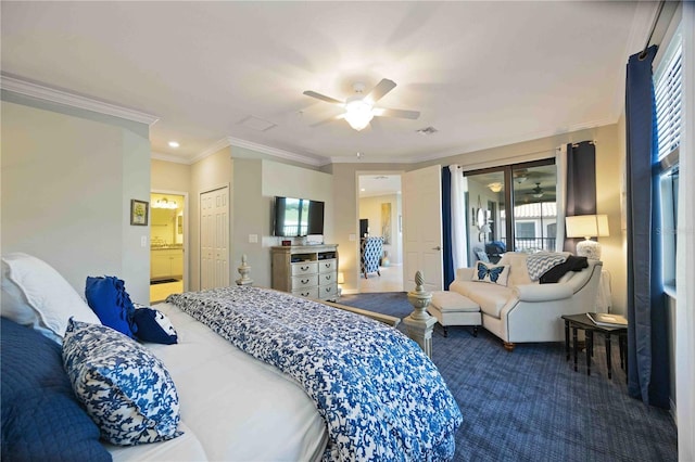 bedroom with access to outside, crown molding, ensuite bath, ceiling fan, and a closet