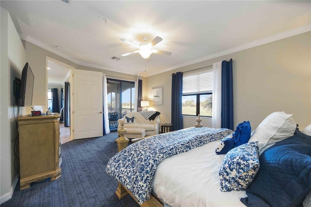 bedroom featuring dark colored carpet, ceiling fan, access to exterior, and crown molding