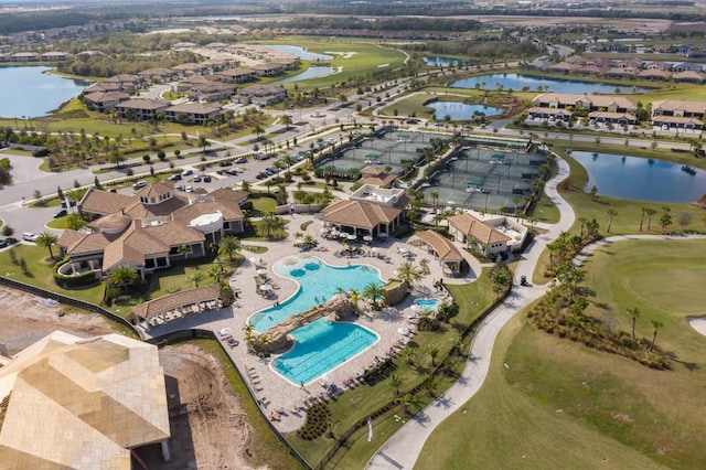 drone / aerial view featuring a water view