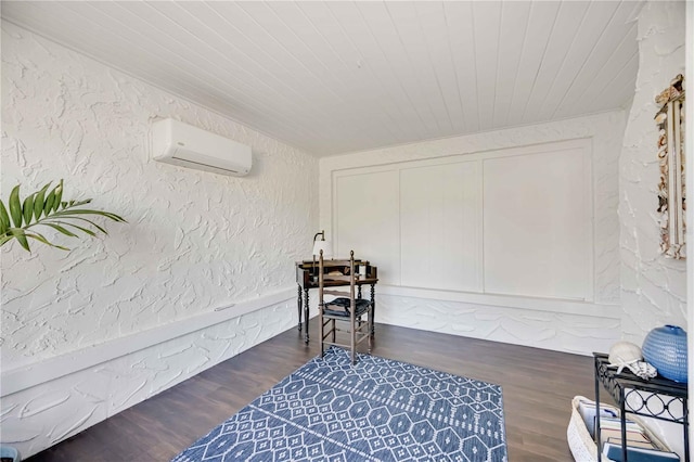 living area with wood ceiling, dark hardwood / wood-style floors, and a wall mounted air conditioner