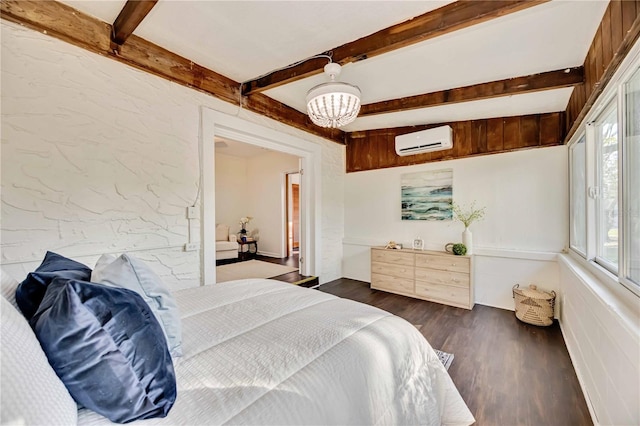 bedroom featuring an AC wall unit, dark hardwood / wood-style flooring, beamed ceiling, and a chandelier