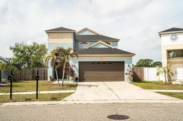 731 Cristelle Jean Dr, Ruskin, FL 33570 - view of front of house with driveway, a garage, fence, and stucco siding
