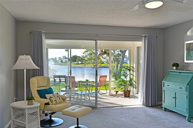 sitting room featuring light colored carpet, a water view, and a textured ceiling