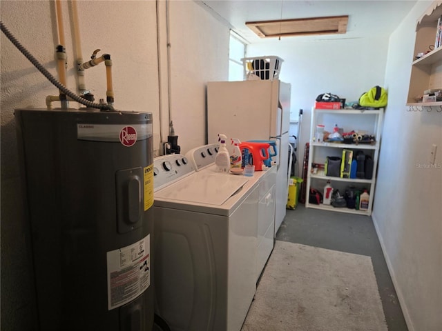 laundry area with electric water heater and washer and dryer