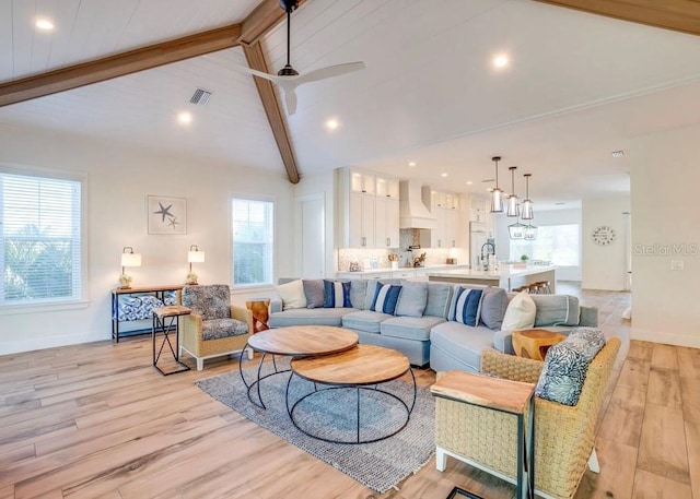 living room featuring high vaulted ceiling, beamed ceiling, sink, ceiling fan, and light hardwood / wood-style floors