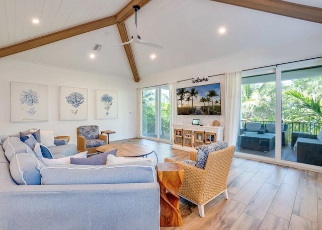 living room with beamed ceiling, high vaulted ceiling, light hardwood / wood-style floors, and a wealth of natural light