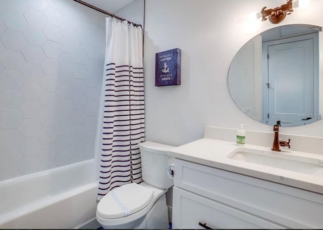 full bathroom with shower / bathtub combination with curtain, vanity, and toilet