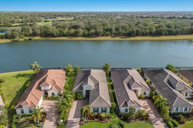 aerial view featuring a water view