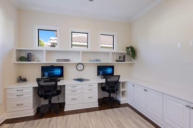 home office featuring dark hardwood / wood-style flooring, a wealth of natural light, built in desk, and ornamental molding