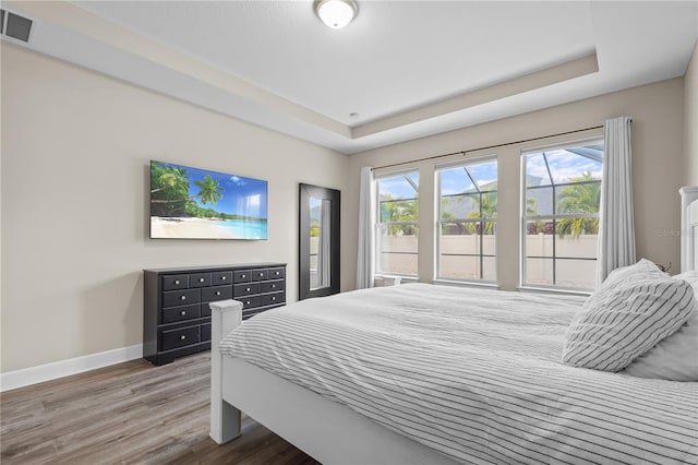 bedroom featuring a raised ceiling and hardwood / wood-style floors