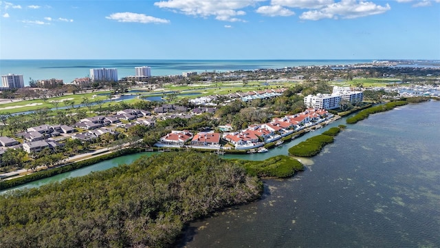 bird's eye view with a water view