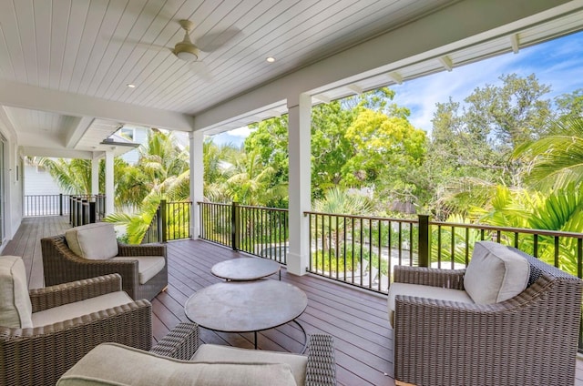 sunroom / solarium featuring wood ceiling and ceiling fan