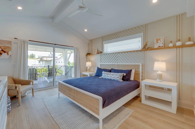 bedroom with multiple windows, light hardwood / wood-style flooring, access to outside, and lofted ceiling with beams