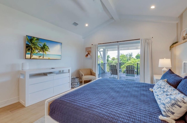 bedroom with access to exterior, vaulted ceiling with beams, and light wood-type flooring