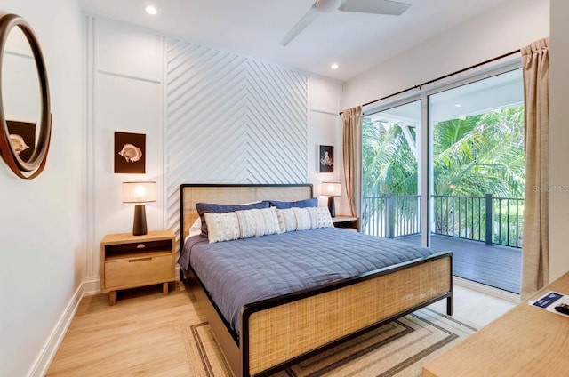 bedroom with ceiling fan, access to exterior, and light wood-type flooring