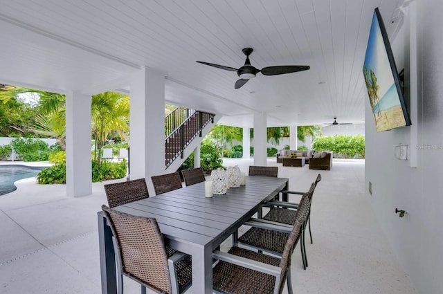 view of patio / terrace with ceiling fan and an outdoor hangout area