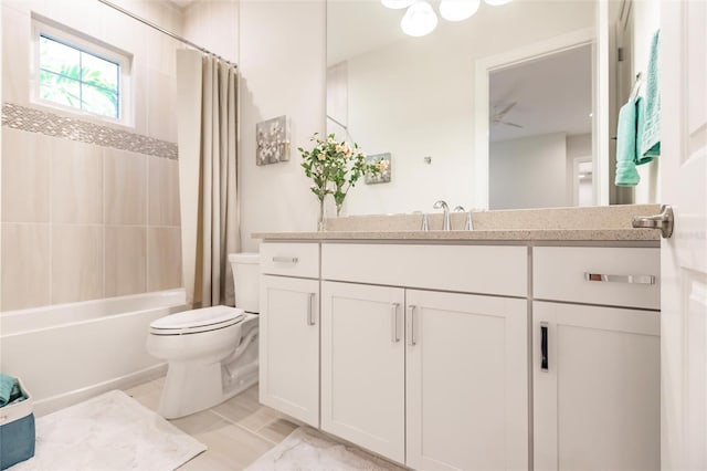 full bathroom featuring ceiling fan, shower / bath combo, tile patterned floors, toilet, and vanity