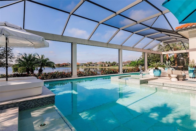 view of swimming pool featuring a lanai, a water view, an in ground hot tub, and a patio