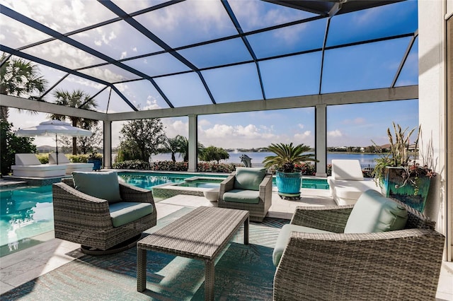 view of patio / terrace with glass enclosure, a water view, and a pool with hot tub