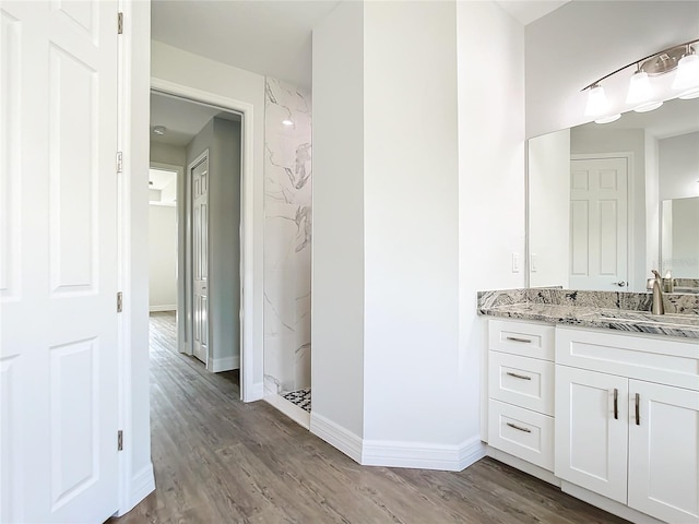 bathroom featuring vanity, a shower, and wood-type flooring