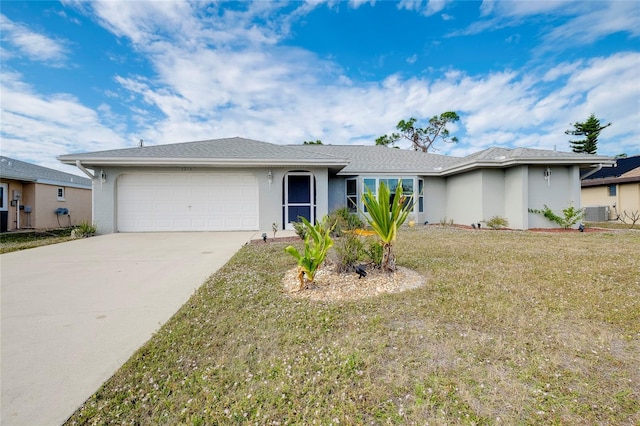 ranch-style house with central AC unit, a front yard, and a garage