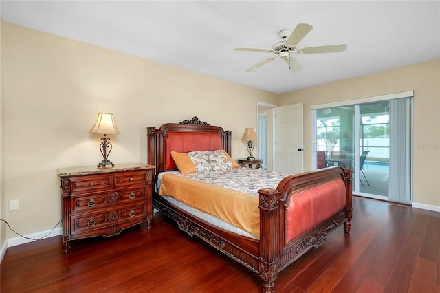 bedroom featuring access to exterior, ceiling fan, and dark hardwood / wood-style floors