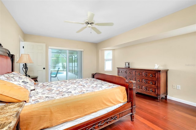 bedroom with access to outside, ceiling fan, and wood-type flooring